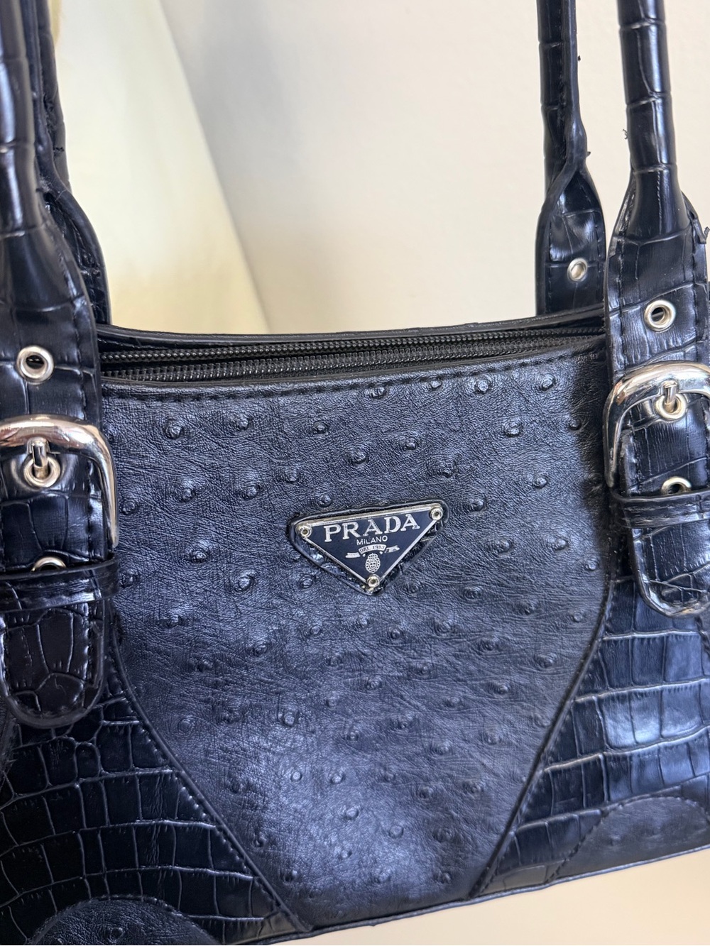 Prada Black Ostrich-Effect Shoulder Bag with Croc Panels - Picture 5 of 6
